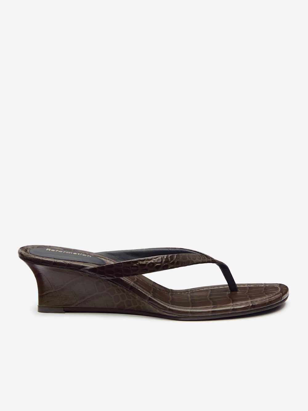 Reformation Amelia Thong Wedge Sandal - Brown Croc-effect