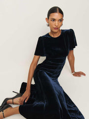 Reformation Quinne Velvet Dress - Navy