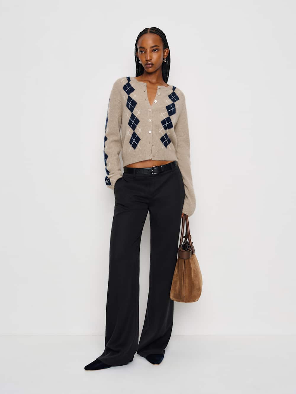 Reformation Clara Cashmere Crew Cardigan - Oatmeal Navy Argyle