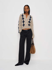 Reformation Clara Cashmere Crew Cardigan - Oatmeal Navy Argyle