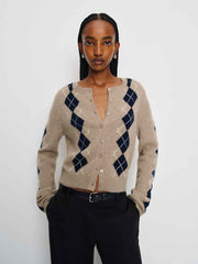 Reformation Clara Cashmere Crew Cardigan - Oatmeal Navy Argyle
