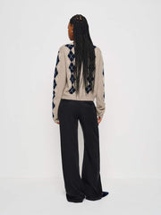 Reformation Clara Cashmere Crew Cardigan - Oatmeal Navy Argyle
