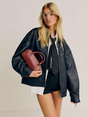 Reformation Veda Marco Leather Oversized Bomber - Navy