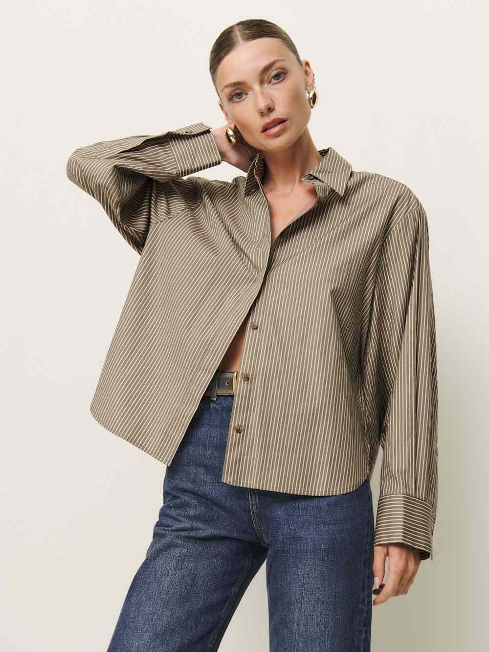 Reformation Andy Oversized Shirt - Taupe Stripe