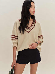 Reformation Sienna Oversized Cotton V Neck Sweater - Birch Chianti