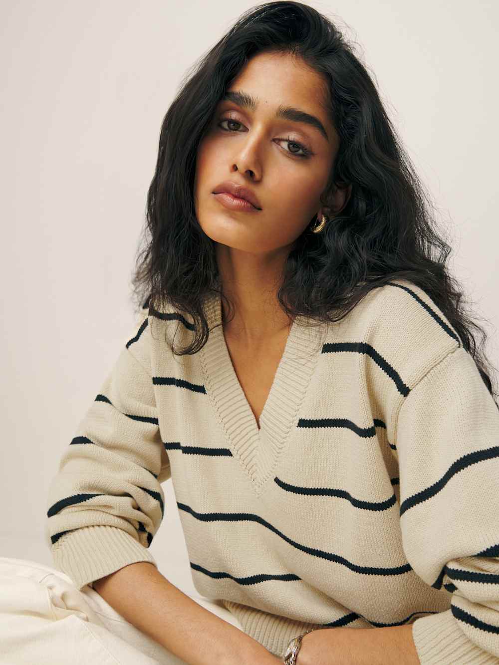 Reformation Sienna Oversized Cotton V Neck Sweater - Birch With Black Stripe