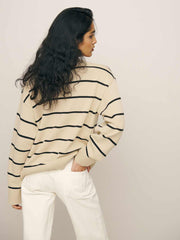 Reformation Sienna Oversized Cotton V Neck Sweater - Birch With Black Stripe