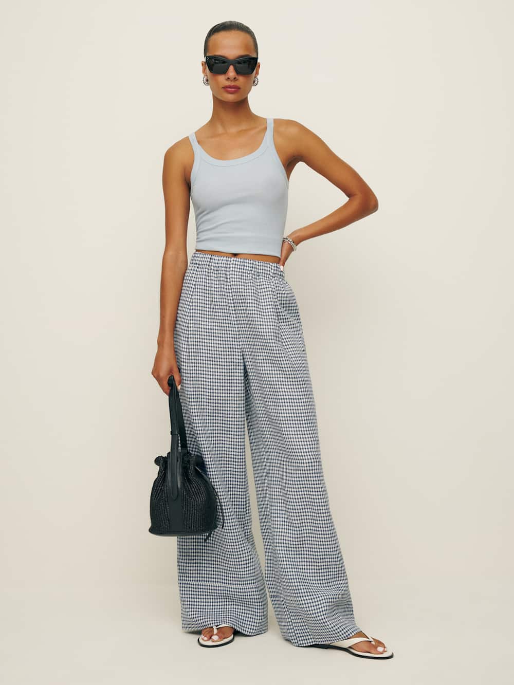Reformation Fernando Linen Wide Leg Pant - Slate Check
