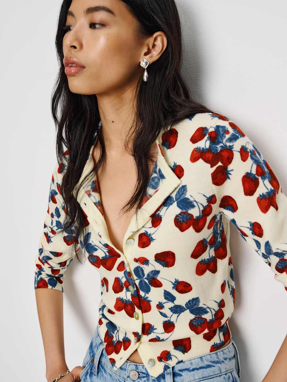 Reformation Bernadette Crew Cardigan - Strawberry Jam