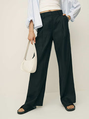 Reformation Alex Linen Mid Rise Cropped Pant - Black