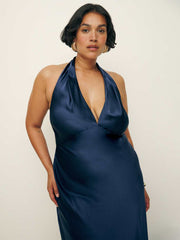 Reformation Daniela Silk Dress Es - Navy