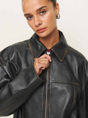Reformation Veda Bennett Oversized Leather Bomber - Black Distressed