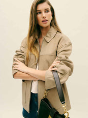 Reformation Veda Bennett Oversized Leather Bomber - Oat Distressed