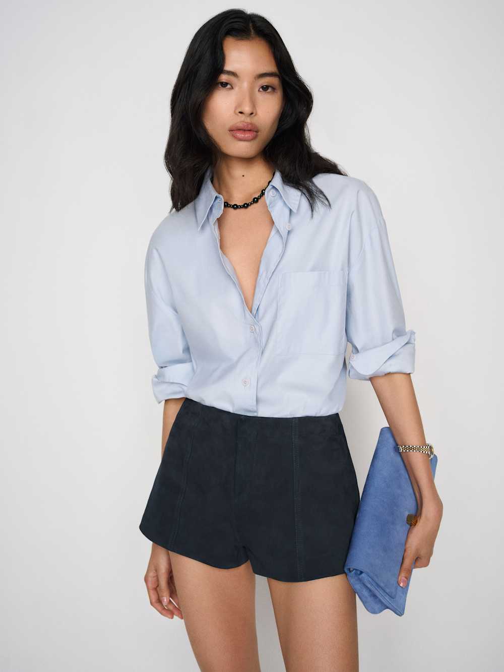 Reformation Veda Rory Leather Short - Navy Suede