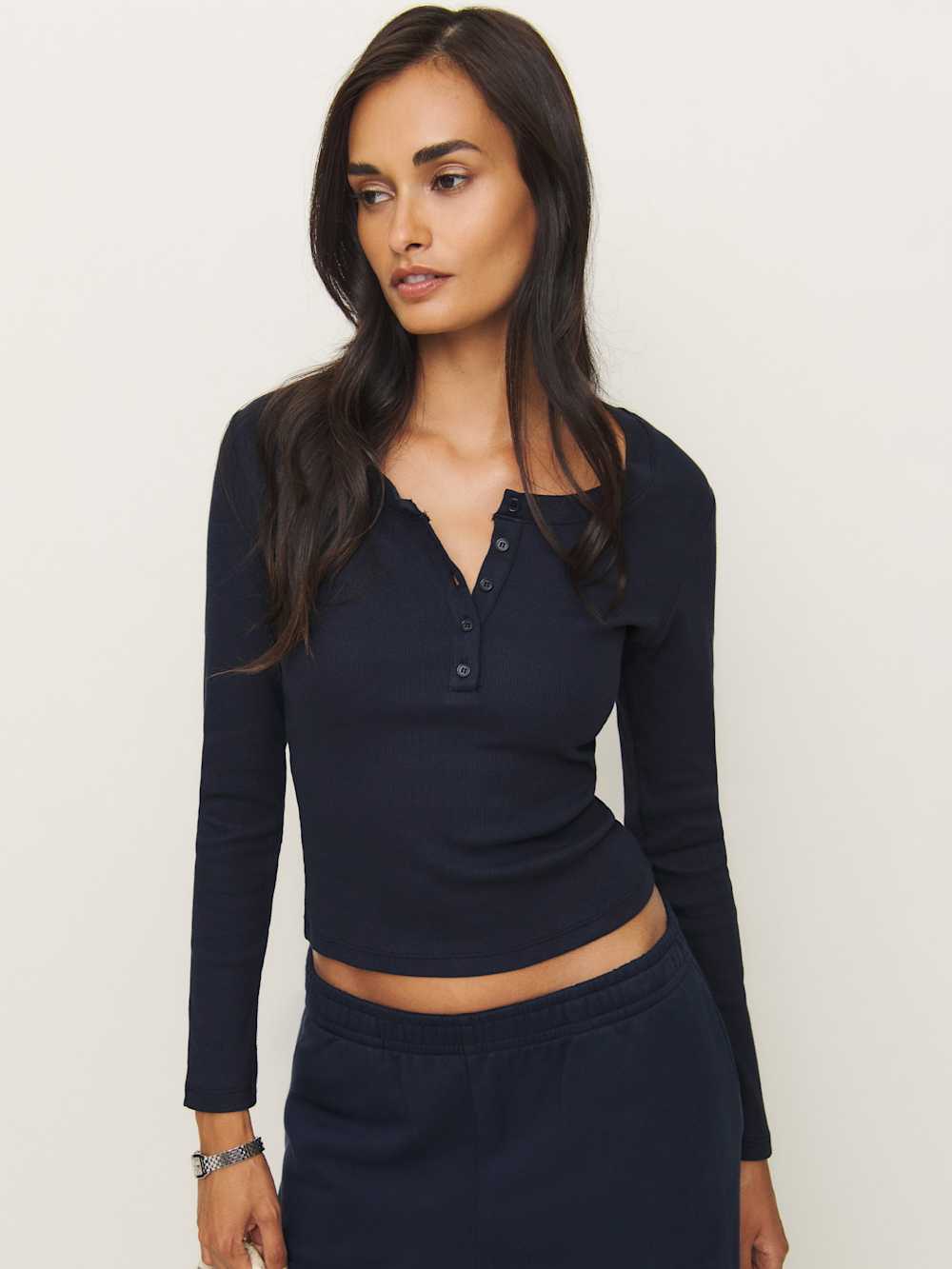 Reformation Jayden Long Sleeve Henley Tee - Midnight