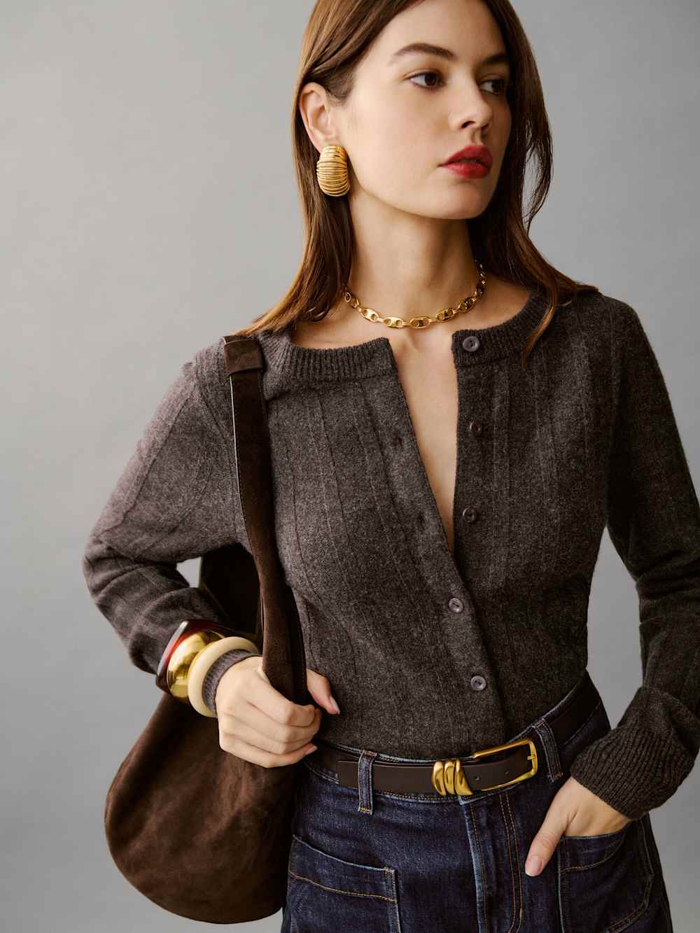 Reformation Hannah Crew Cardigan - Espresso