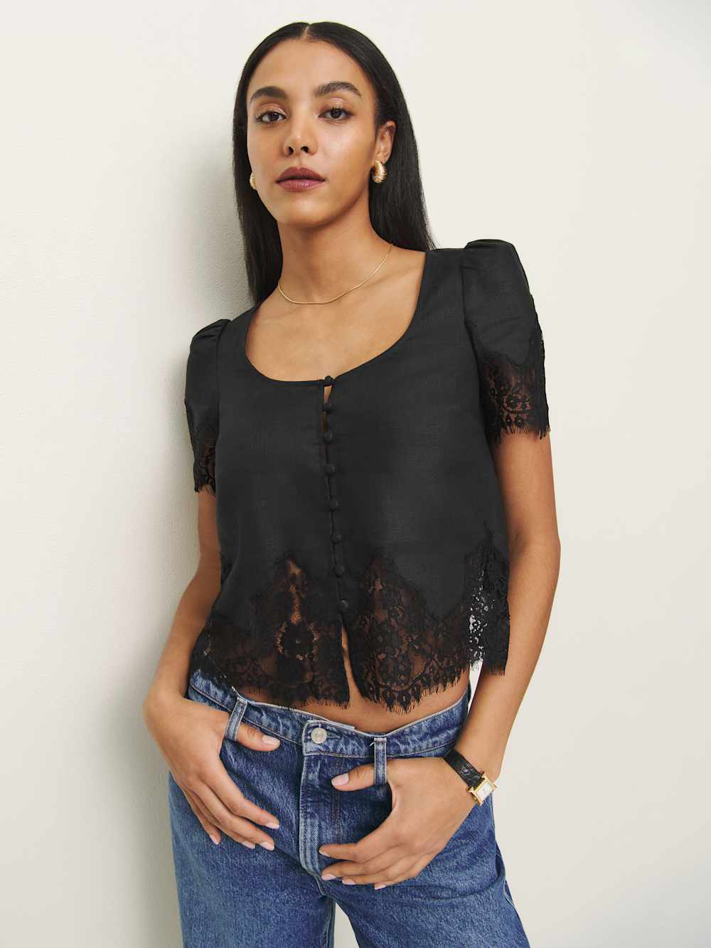 Reformation Josie Linen Top - Black