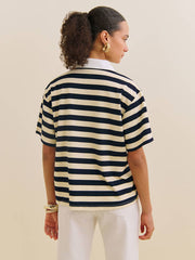 Reformation Jean Knit Shirt - Cream And Navy Stripe