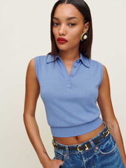 Reformation Carrie Linen Cotton Polo - Blue Moon