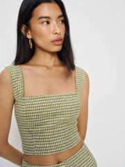 Reformation Jasmine Linen Top - Avocado Check
