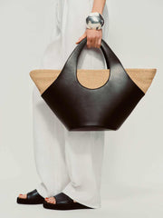 Reformation Siena Top Handle Tote - Black Leather Natural Raffia