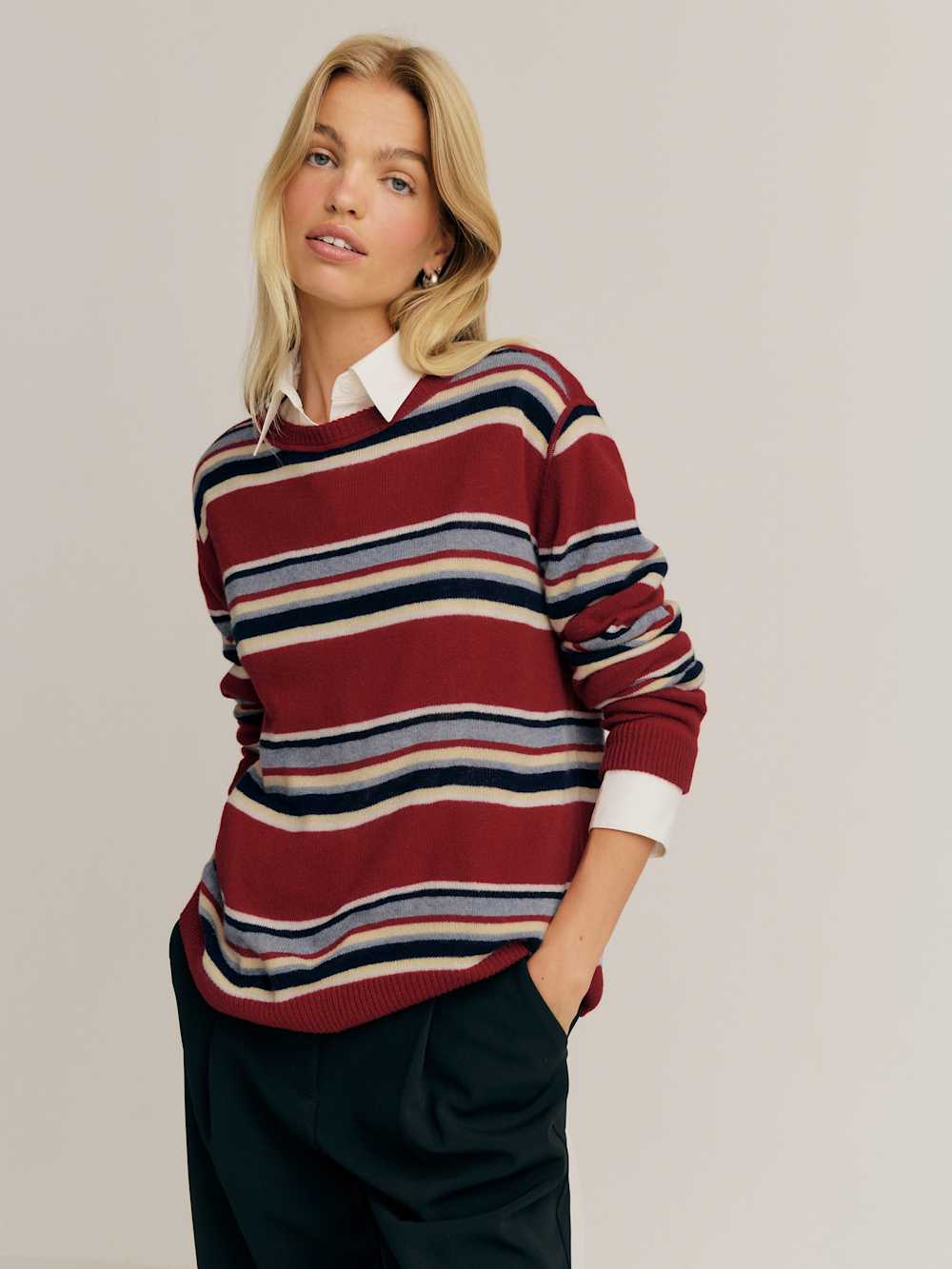 Reformation Cashmere Boyfriend Sweater - Crimson Multi Stripe