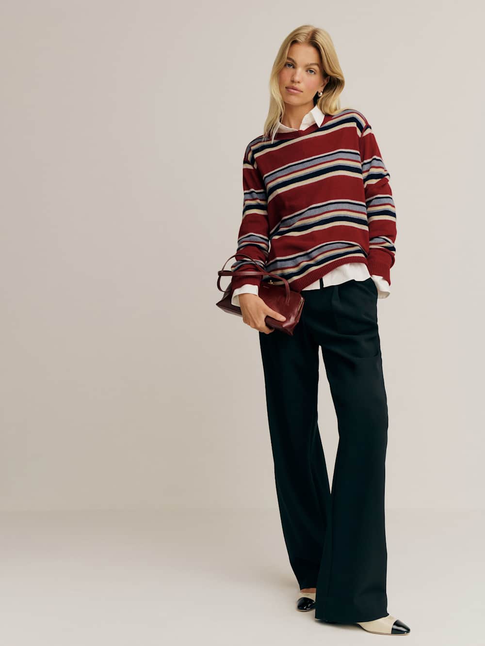 Reformation Cashmere Boyfriend Sweater - Crimson Multi Stripe
