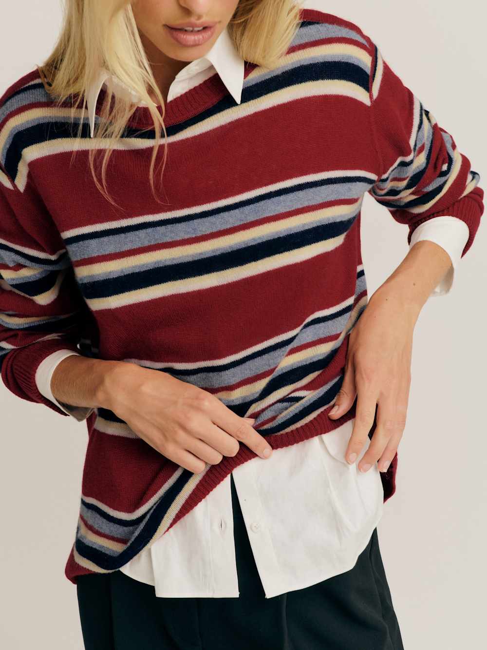 Reformation Cashmere Boyfriend Sweater - Crimson Multi Stripe