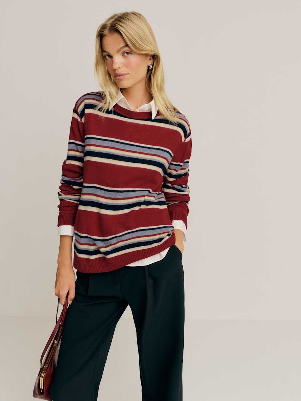 Reformation Cashmere Boyfriend Sweater - Crimson Multi Stripe