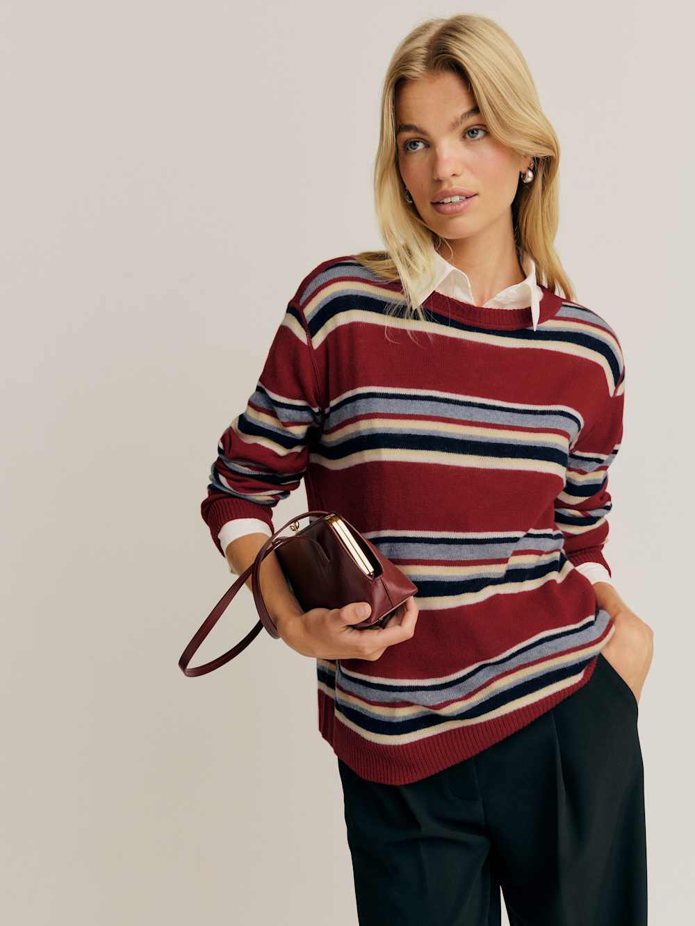 Reformation Cashmere Boyfriend Sweater - Crimson Multi Stripe