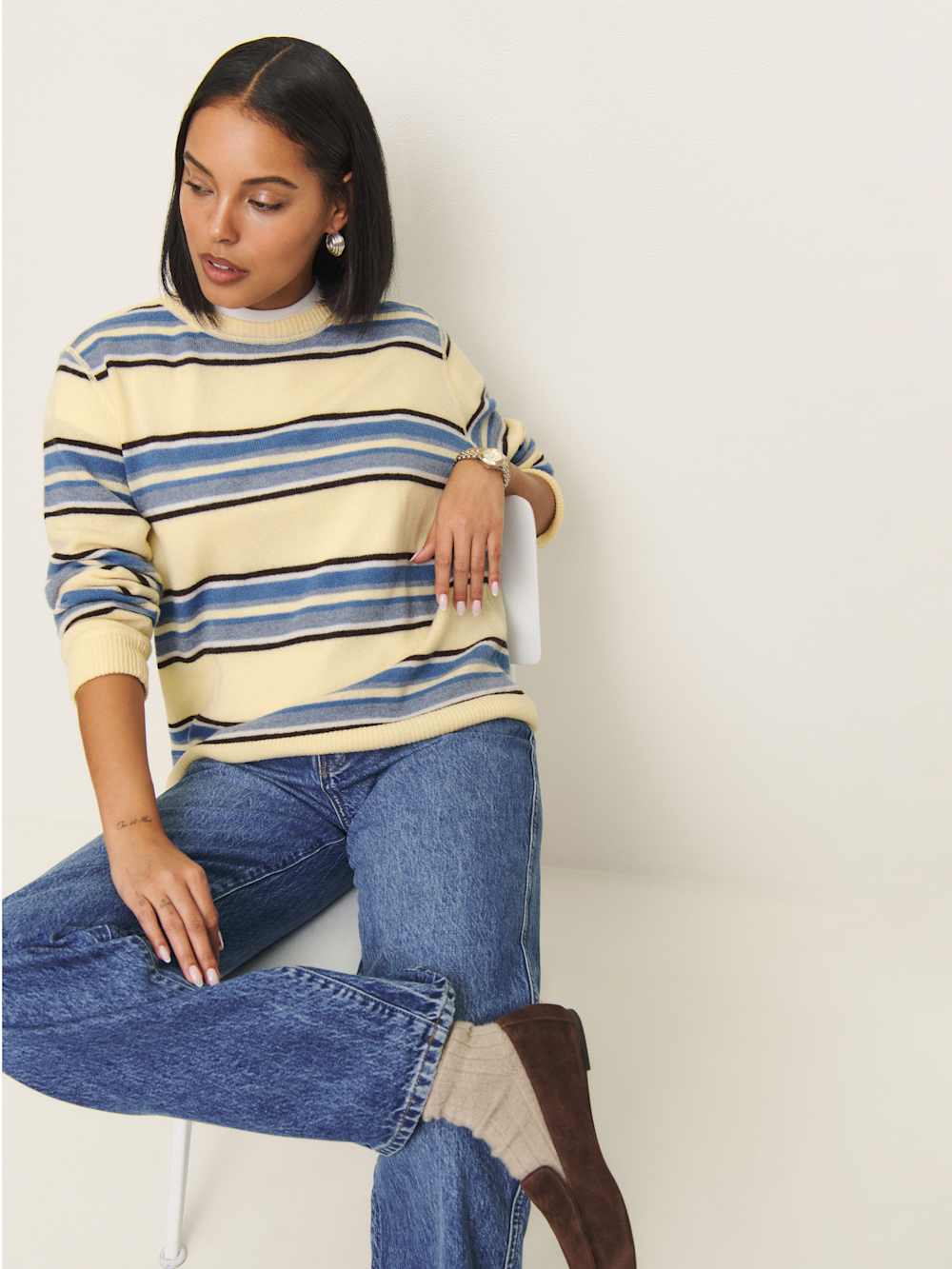 Reformation Cashmere Boyfriend Sweater - Parmesan Multi Stripe