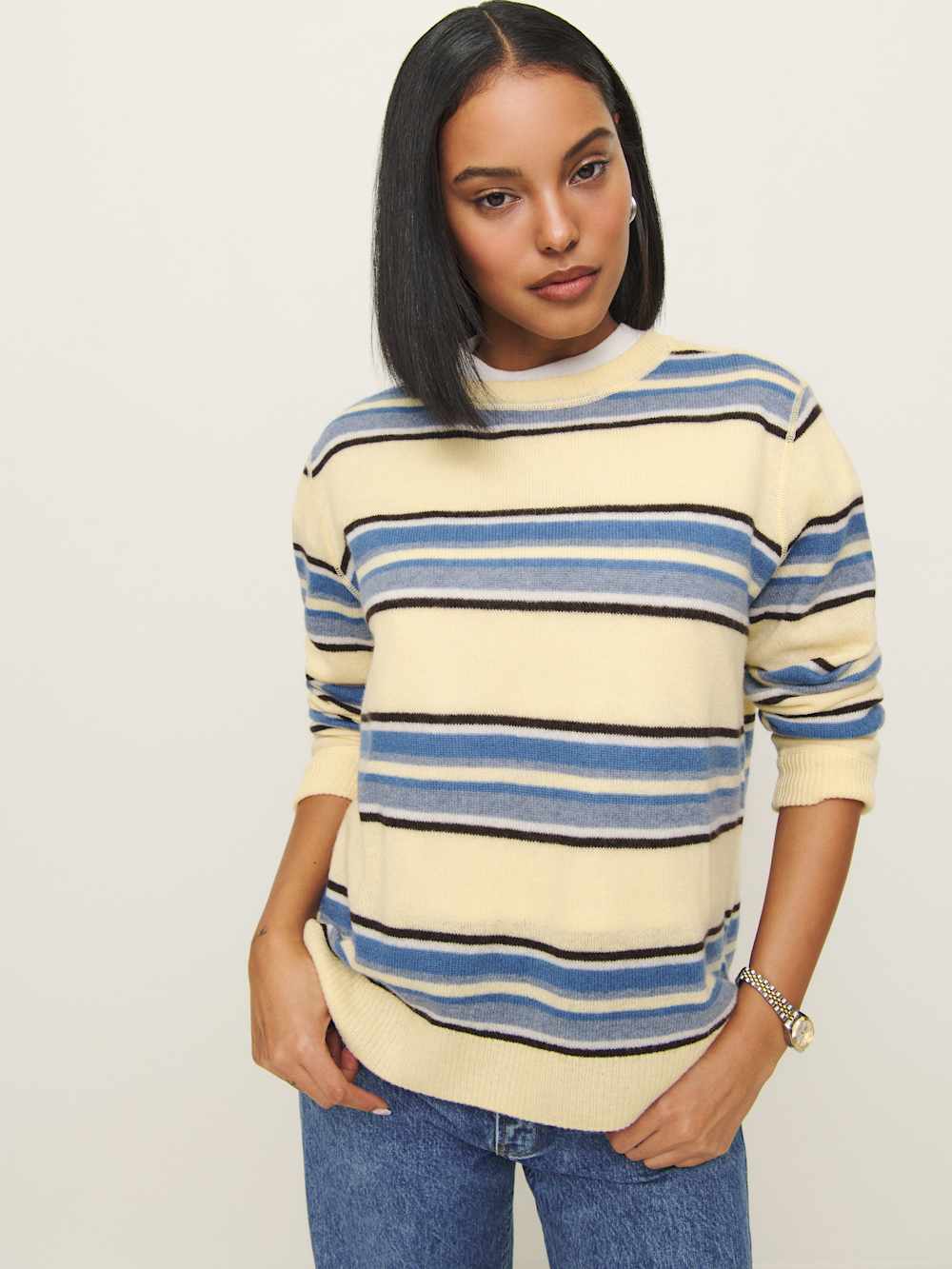 Reformation Cashmere Boyfriend Sweater - Parmesan Multi Stripe