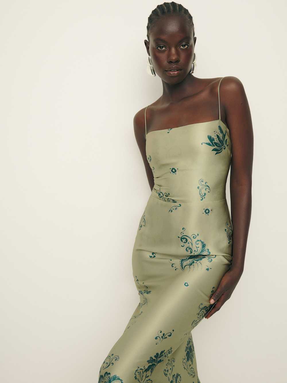 Reformation Frankie Silk Dress - Sage Border