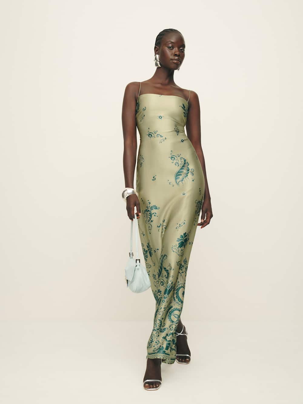 Reformation Frankie Silk Dress - Sage Border