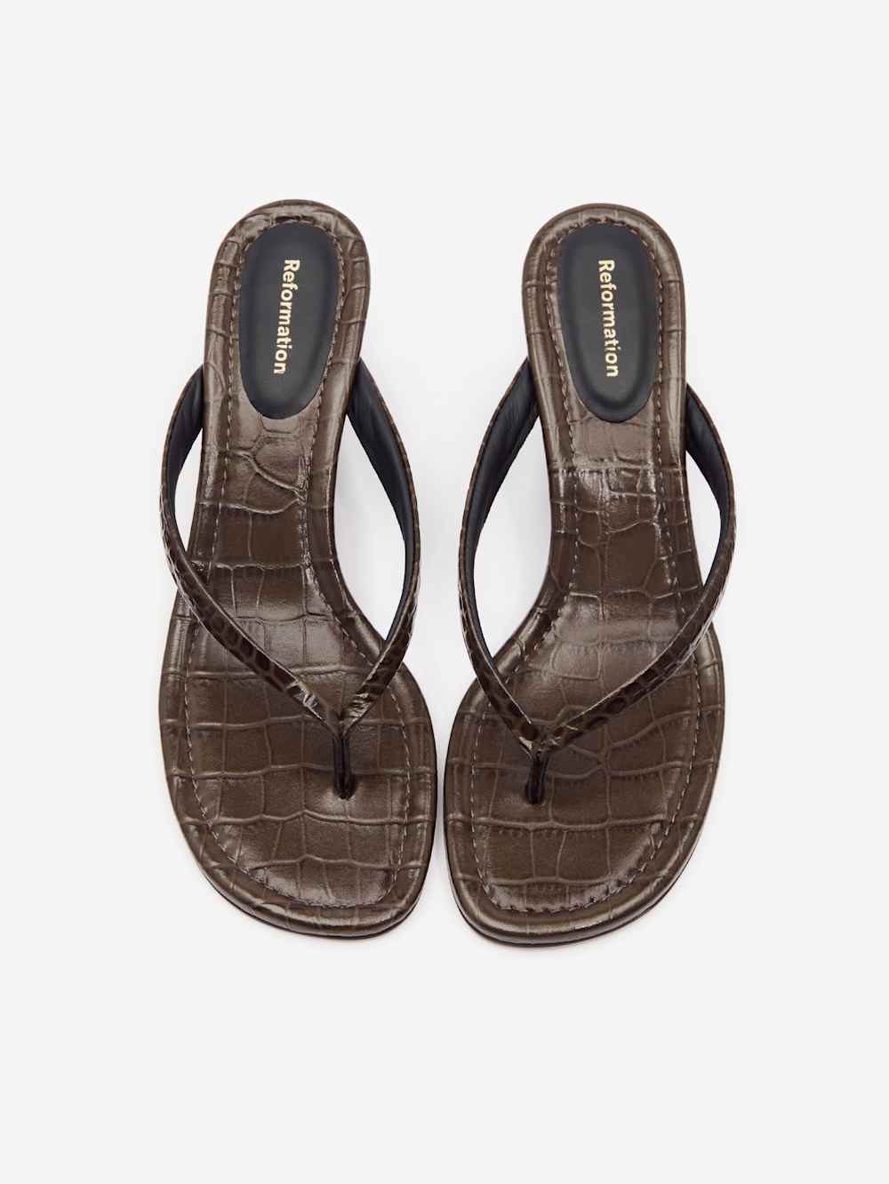 Reformation Amelia Thong Wedge Sandal - Brown Croc-effect