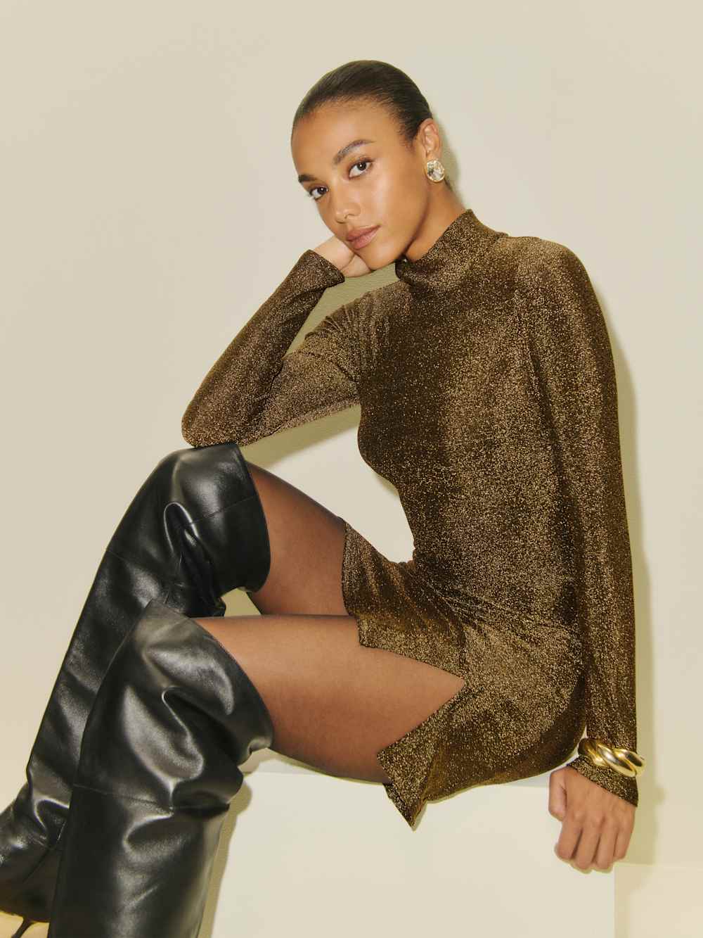 Reformation Hermia Knit Dress - Black Gold Sparkle