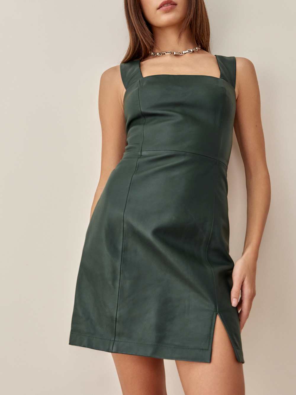Reformation Veda Austin Leather Mini Dress - Bottle Green