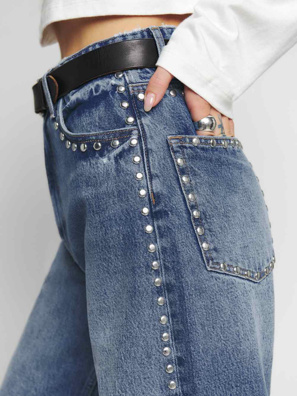 Reformation Cary High Rise Slouchy Wide Leg Jeans - Chesapeake Studded