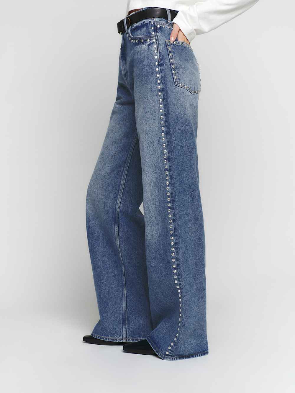 Reformation Cary High Rise Slouchy Wide Leg Jeans - Chesapeake Studded