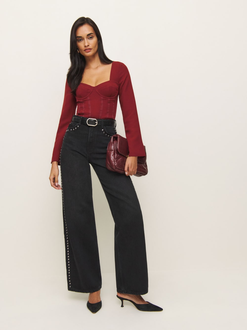 Reformation Cary High Rise Slouchy Wide Leg Jeans - Vana Studded