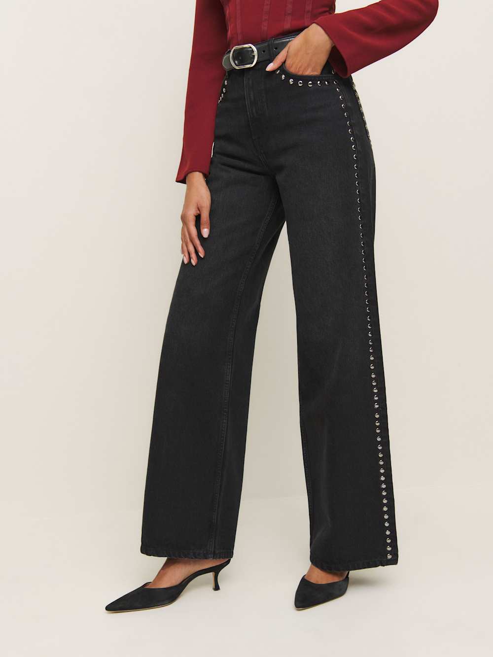 Reformation Cary High Rise Slouchy Wide Leg Jeans - Vana Studded