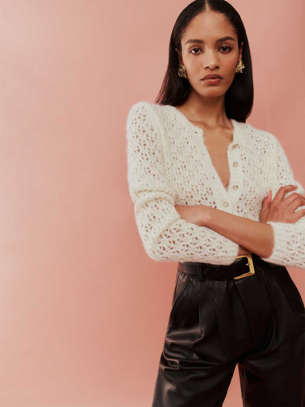Reformation Clara Crew Cardigan - White Pointelle