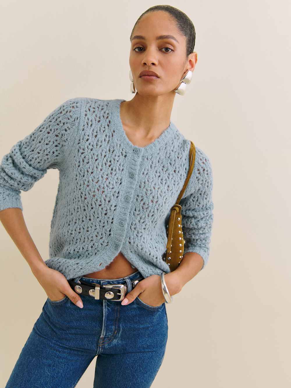 Reformation Clara Crew Cardigan - Mineral Pointelle