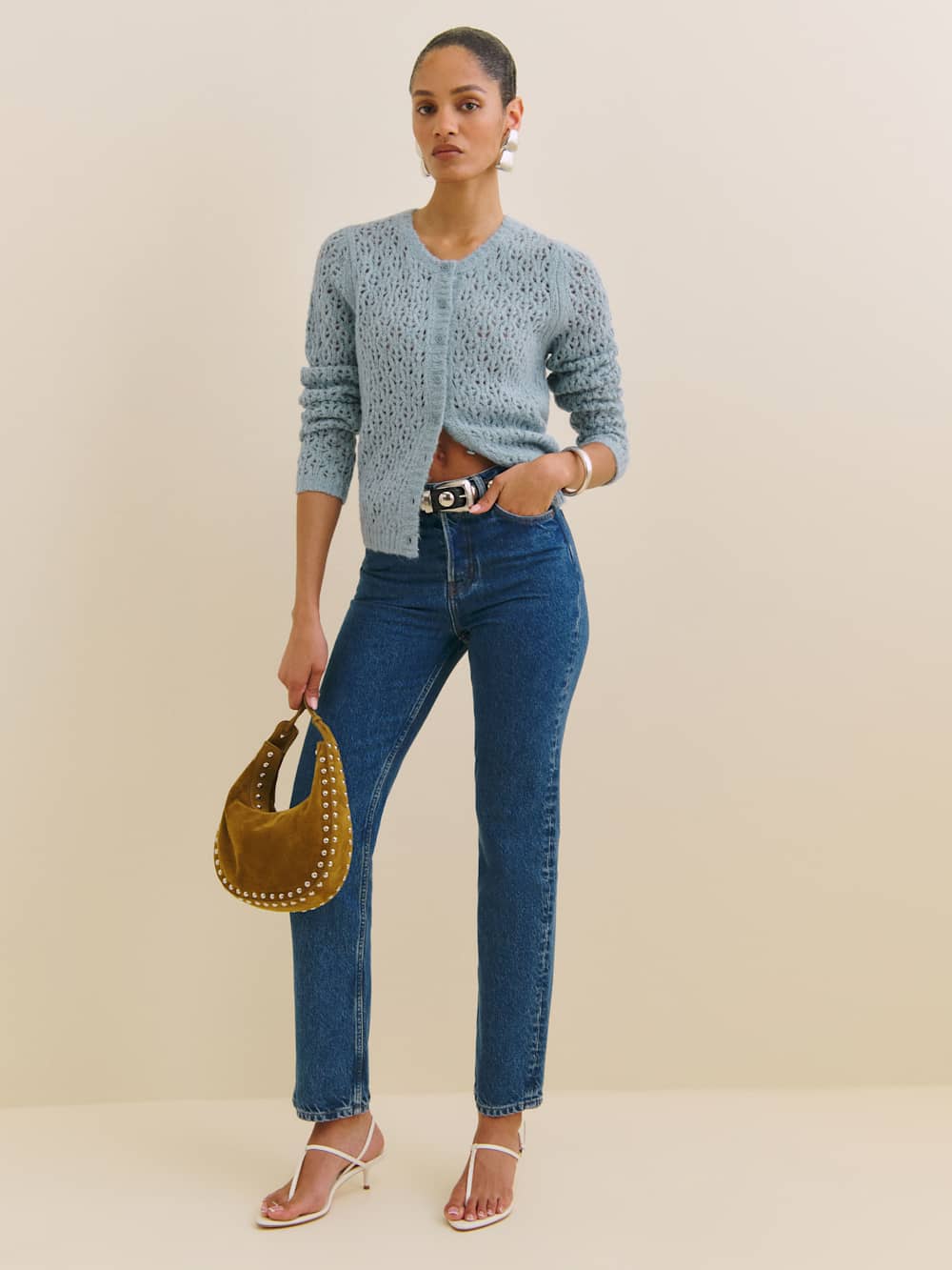 Reformation Clara Crew Cardigan - Mineral Pointelle