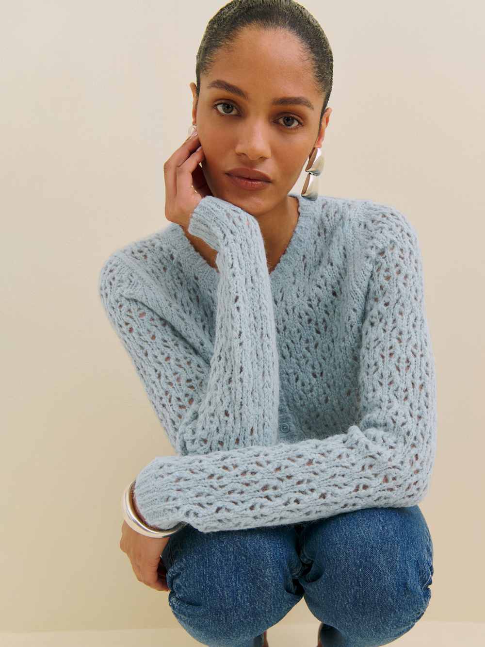 Reformation Clara Crew Cardigan - Mineral Pointelle