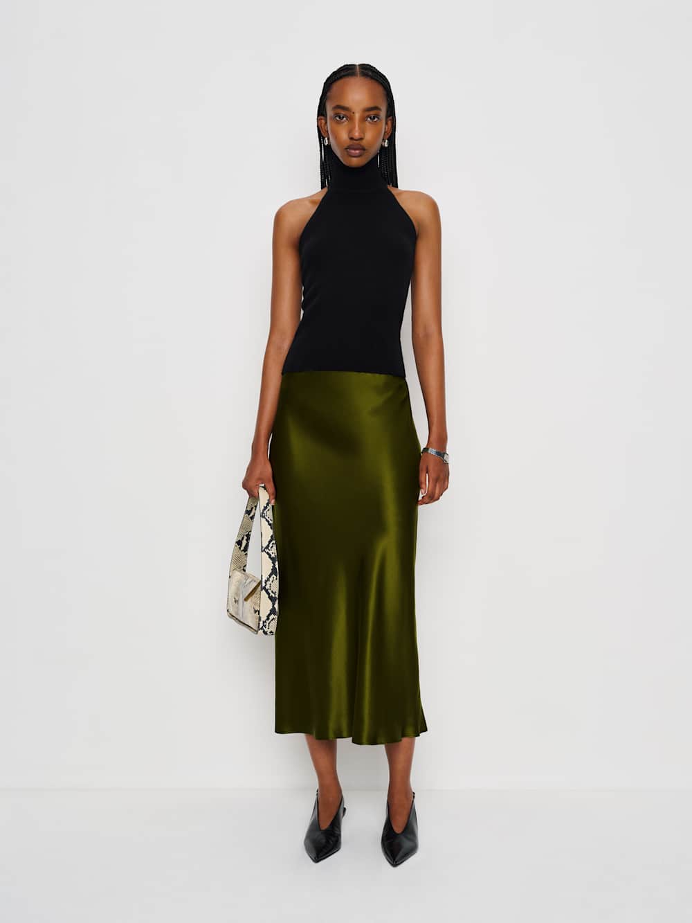 Reformation Layla Silk Skirt - Moss Garden