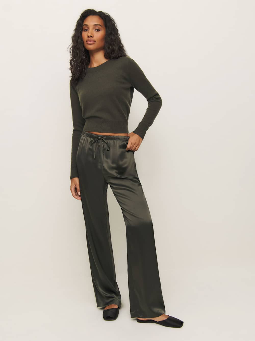 Reformation Olina Silk Pant - Pine Tree