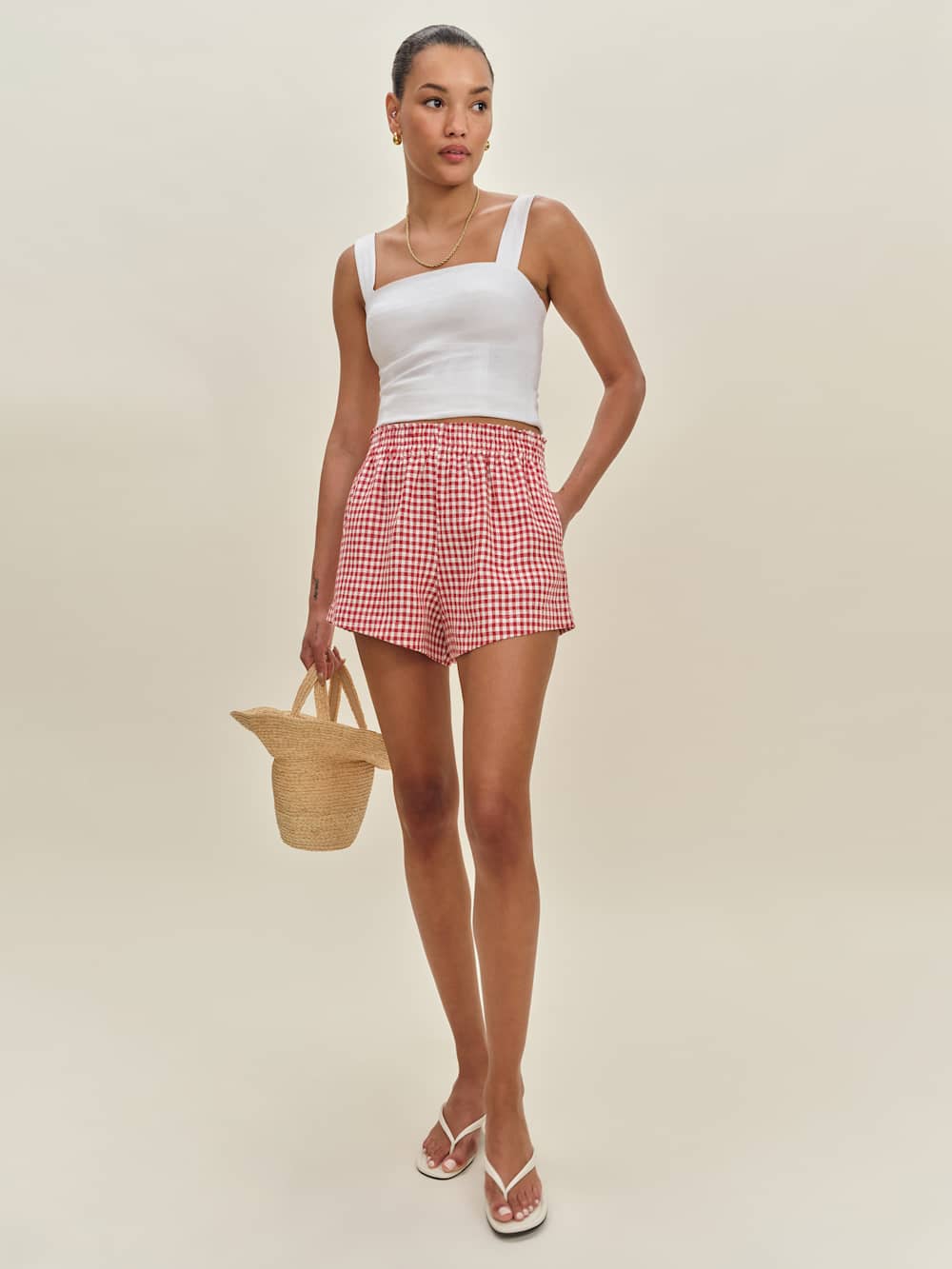 Reformation Mila Linen Short - Tomato Check