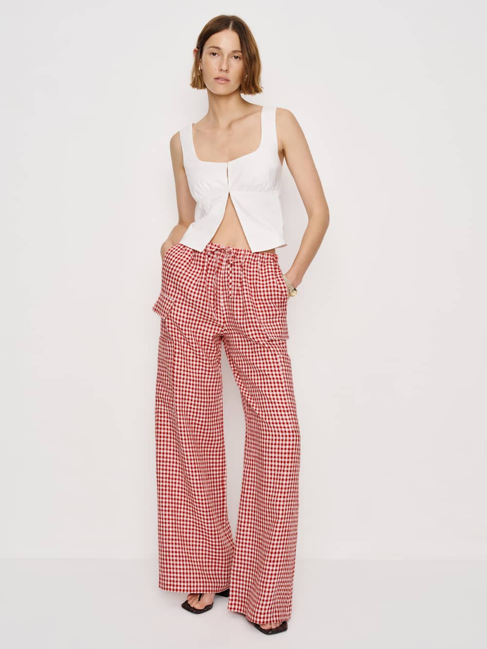 Reformation Ethan Linen Pant - Tomato Check