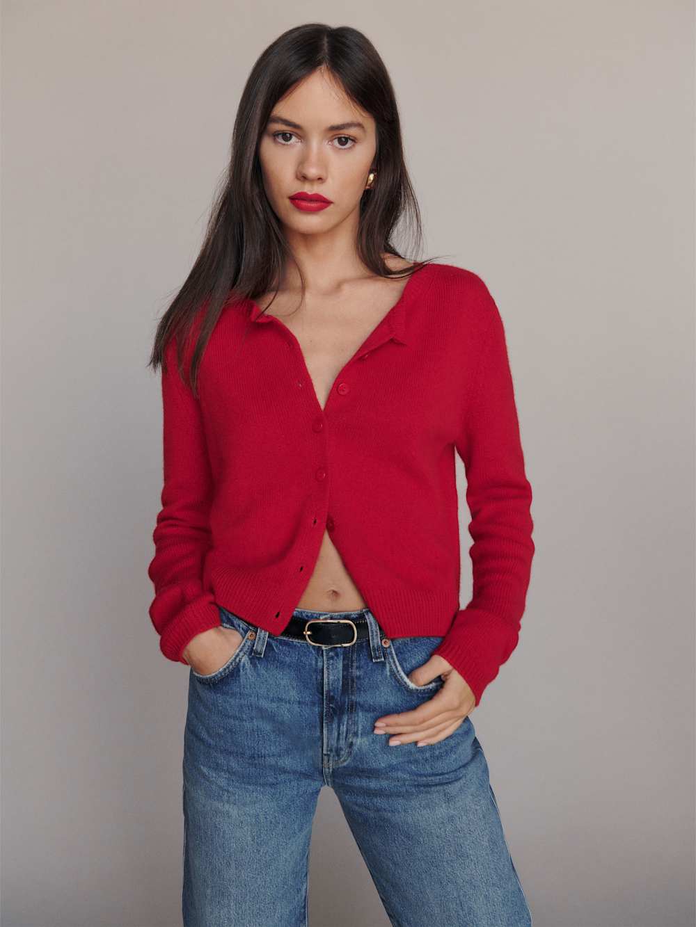 Reformation Clara Cashmere Crew Cardigan - Cherry